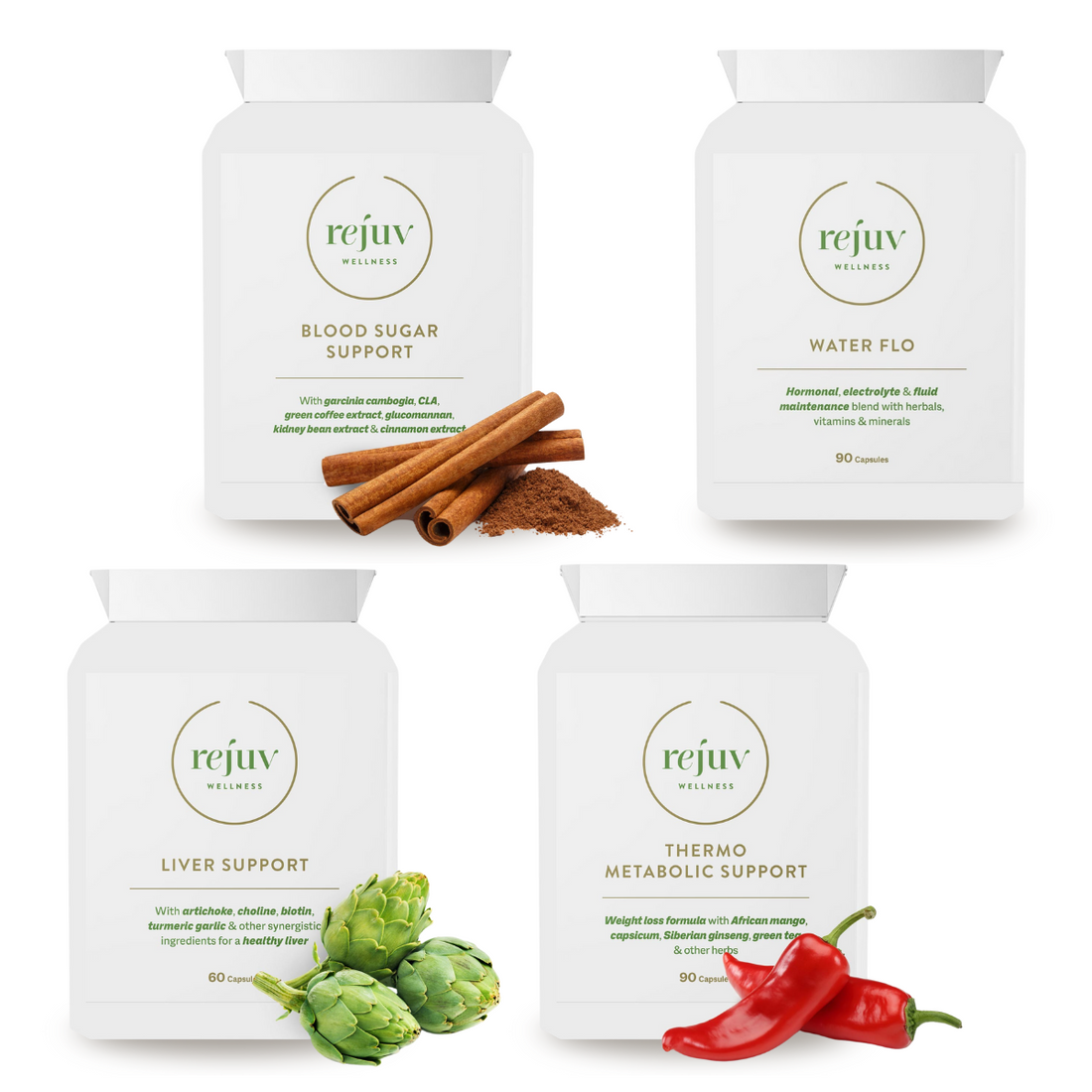 Rejuv Wellness Metabolic Support Pack In White Jars with Corresponding Main Ingredients